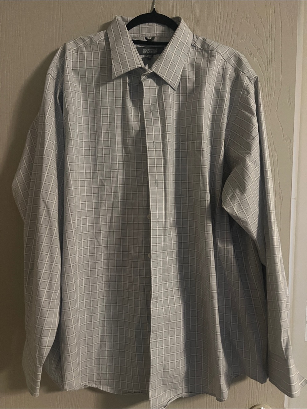 Kenneth Cole Reaction 100% Cotton Light Gray Windowpane Dress Shirt XXL
